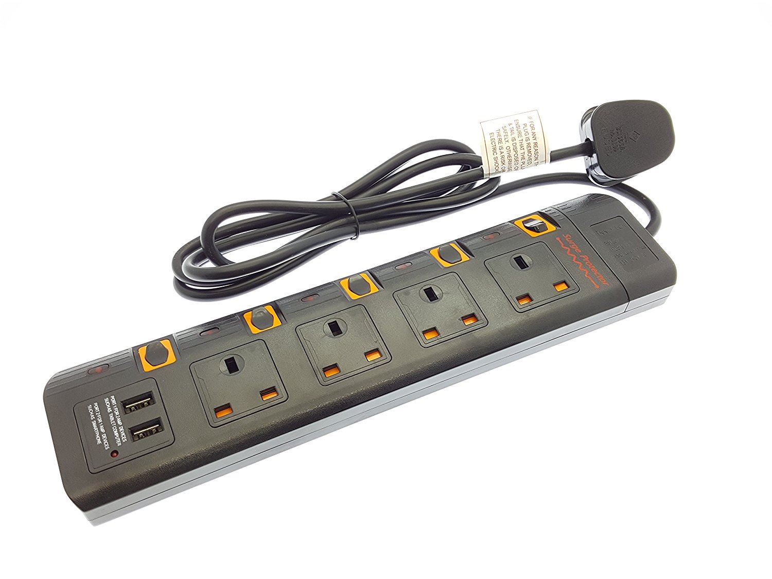BLACK 2M 4 WAY GANG SWITCHED SURGE PROTECTED EXTENSION LEAD WITH 2 USB