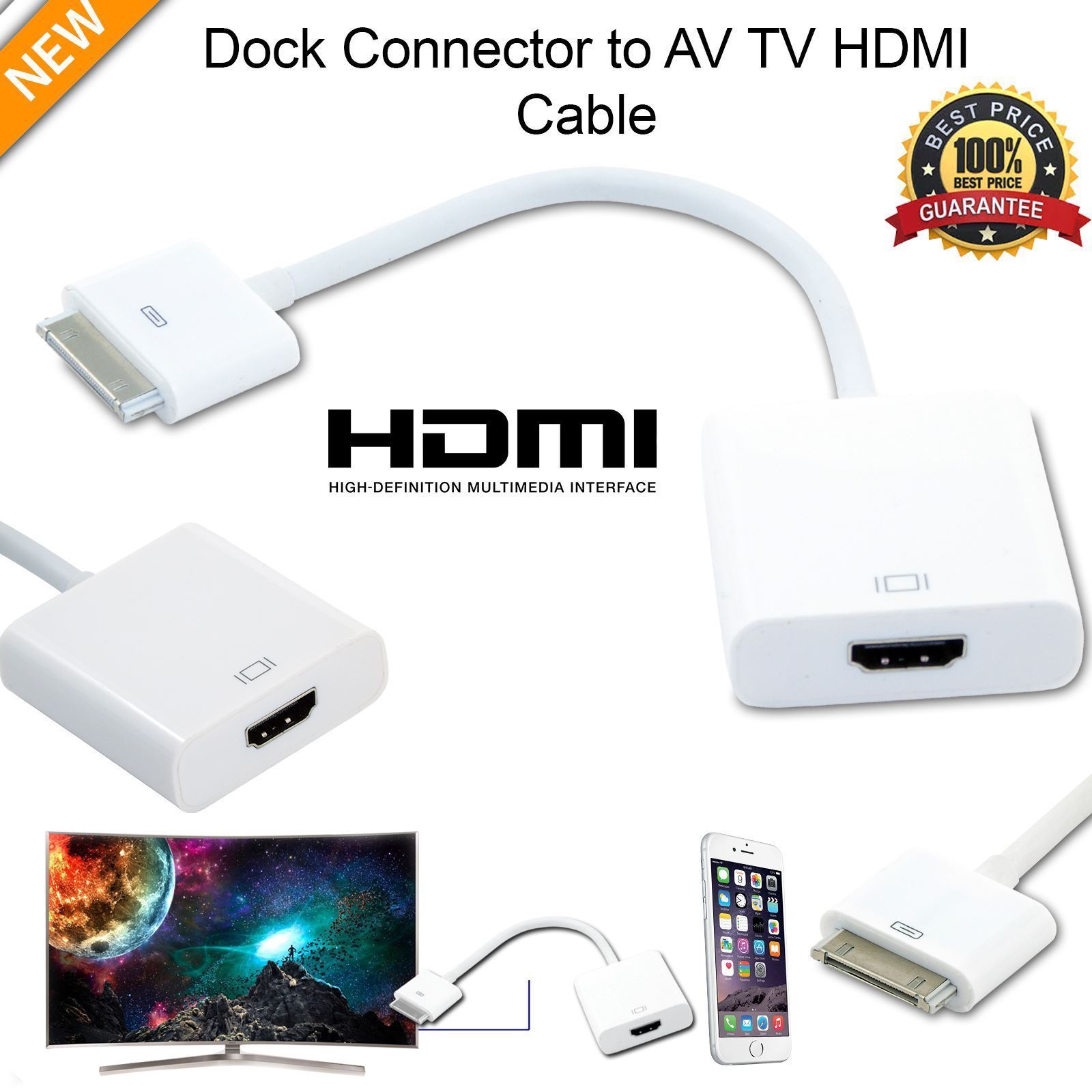 30 PIN DOCK CONNECTOR TO HDMI TV ADAPTER 1080P CABLE LEAD FOR IPHONE 4S