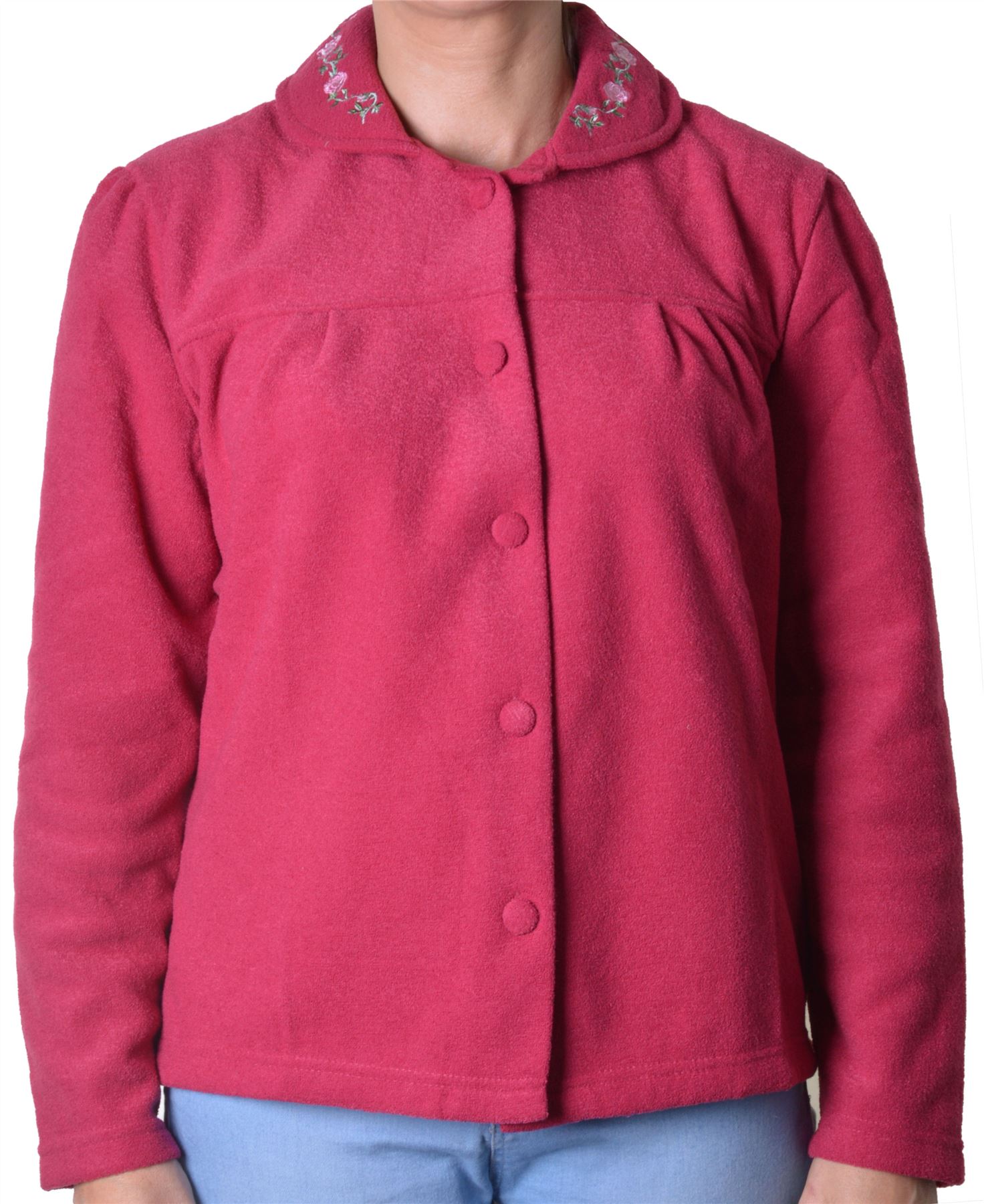Cosy ladies button front bed jacket with rose applique collar, 2 ...
