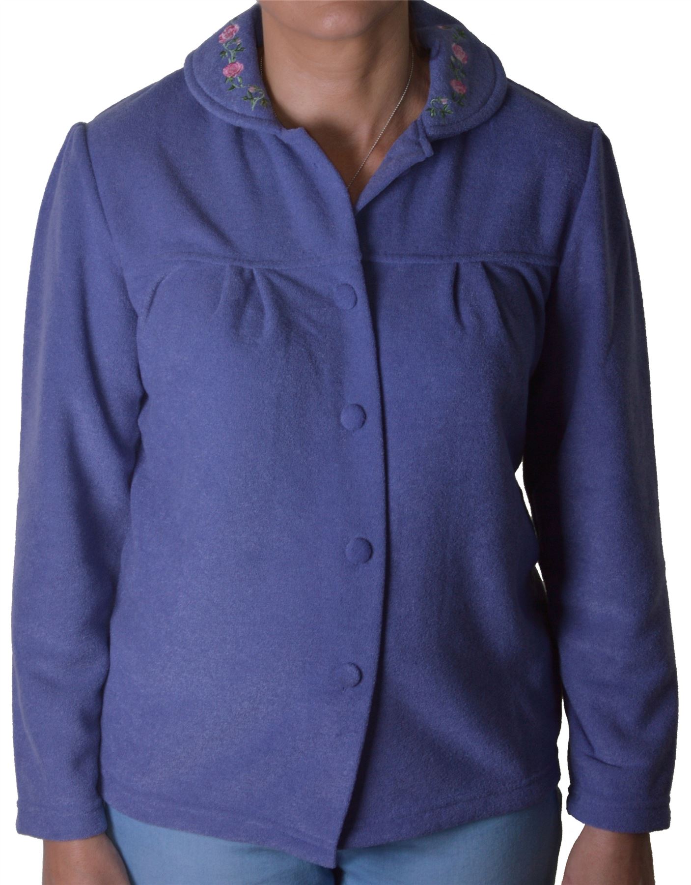 Cosy ladies button front bed jacket with rose applique collar, 2 ...