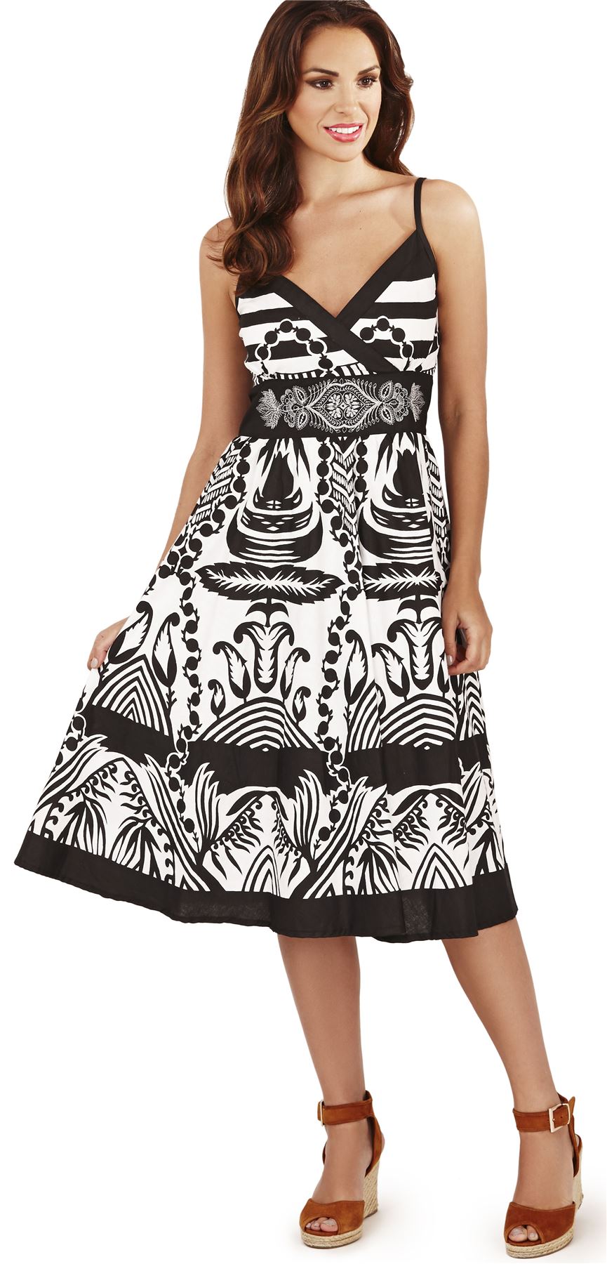 Ladies Striped Floral Mixed Pattern Cross Over Strappy Sun Dress, Red