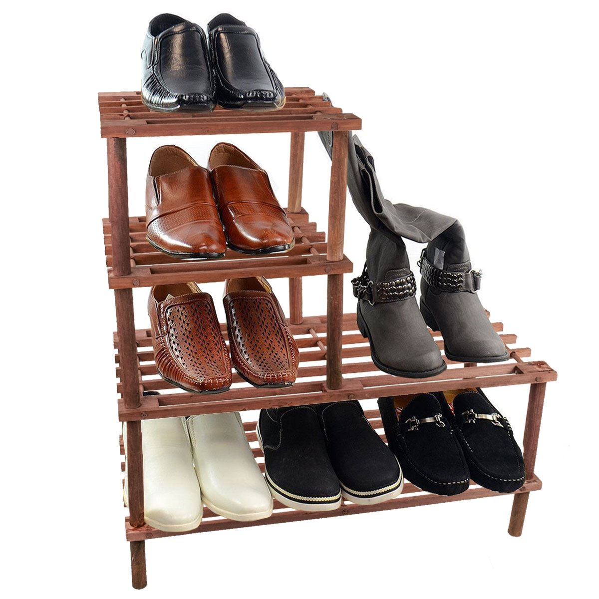 4 Tier Slatted Shoe & Boot Rack Shelf Stand Natural Wood Storage Unit