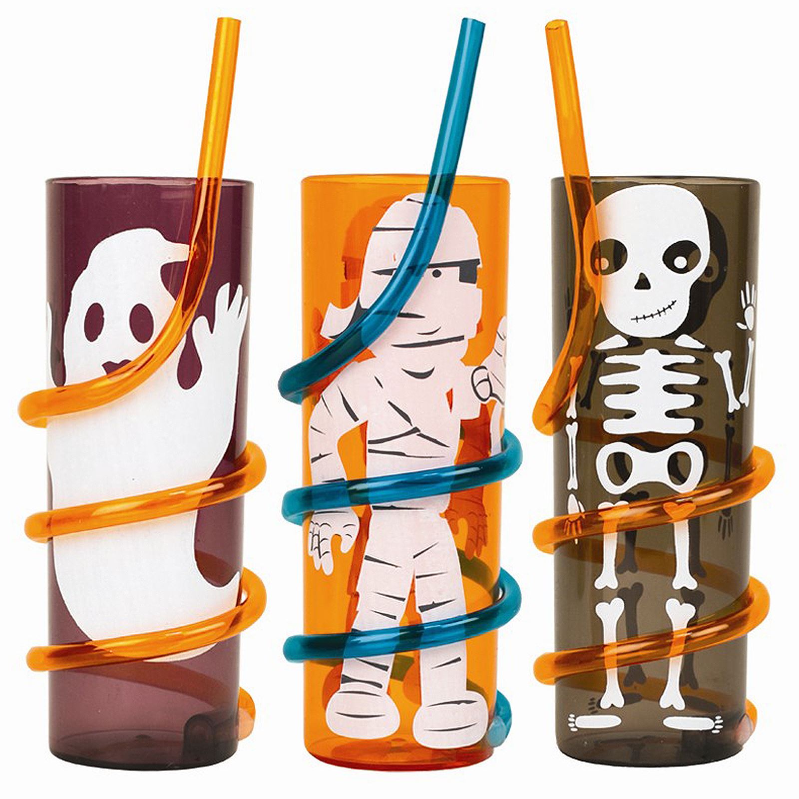 Halloween Plastic Drinking Tumblers Glasses Spiral Straw Kids Scary Fun