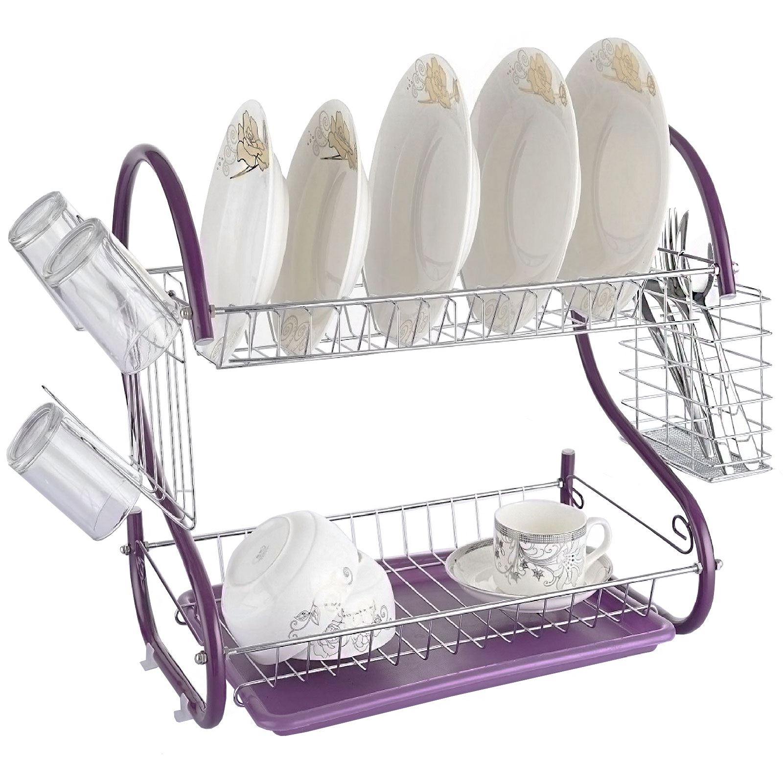 2 Tier Deluxe Drip Dish Drainer Glass Cutlery Holder Plates Rack Tray