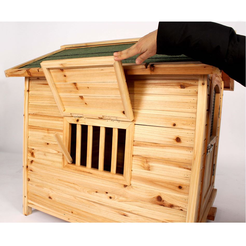 Large Wooden Cedar Dog House Kennel Hinged Roof Removable Floor Puppy