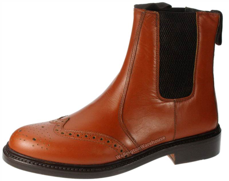 Harewood Mens Tan Brown All Leather Welted Chelsea Brogue Dealer Boots