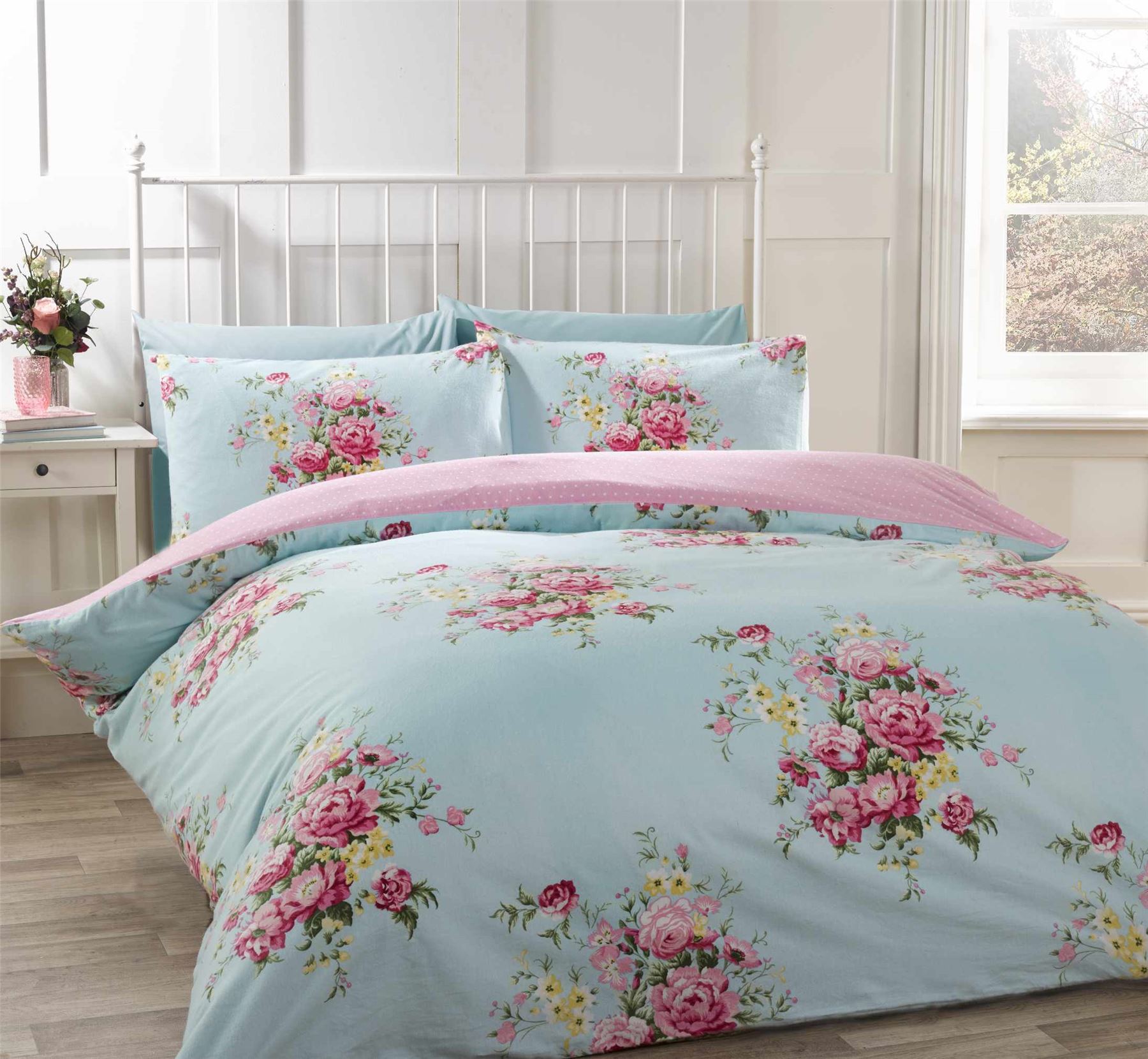 Kate 100 Brushed Cotton Duvet Cover Floral Shabby Chic Pink Blue Cream