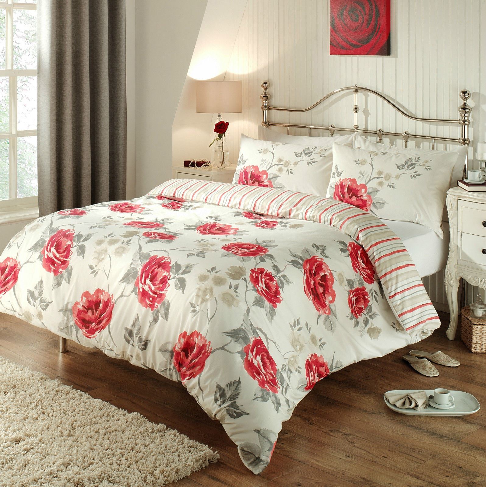 Rosemarie Contemporary Floral Duvet Cover Bedding Heather Red