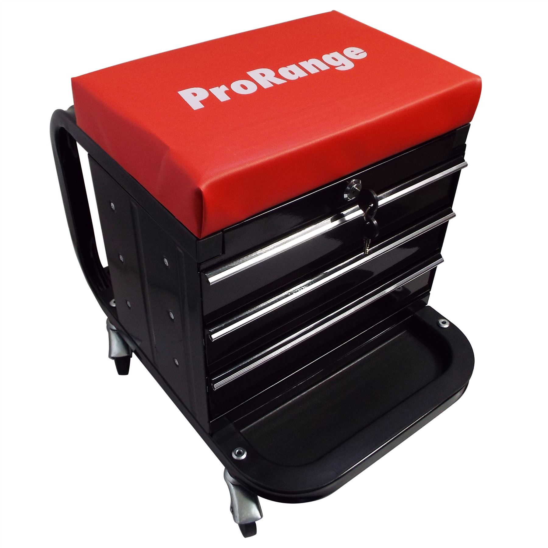Mechanics Seat With 3 Drawer Locking Tool Box Trolley Black