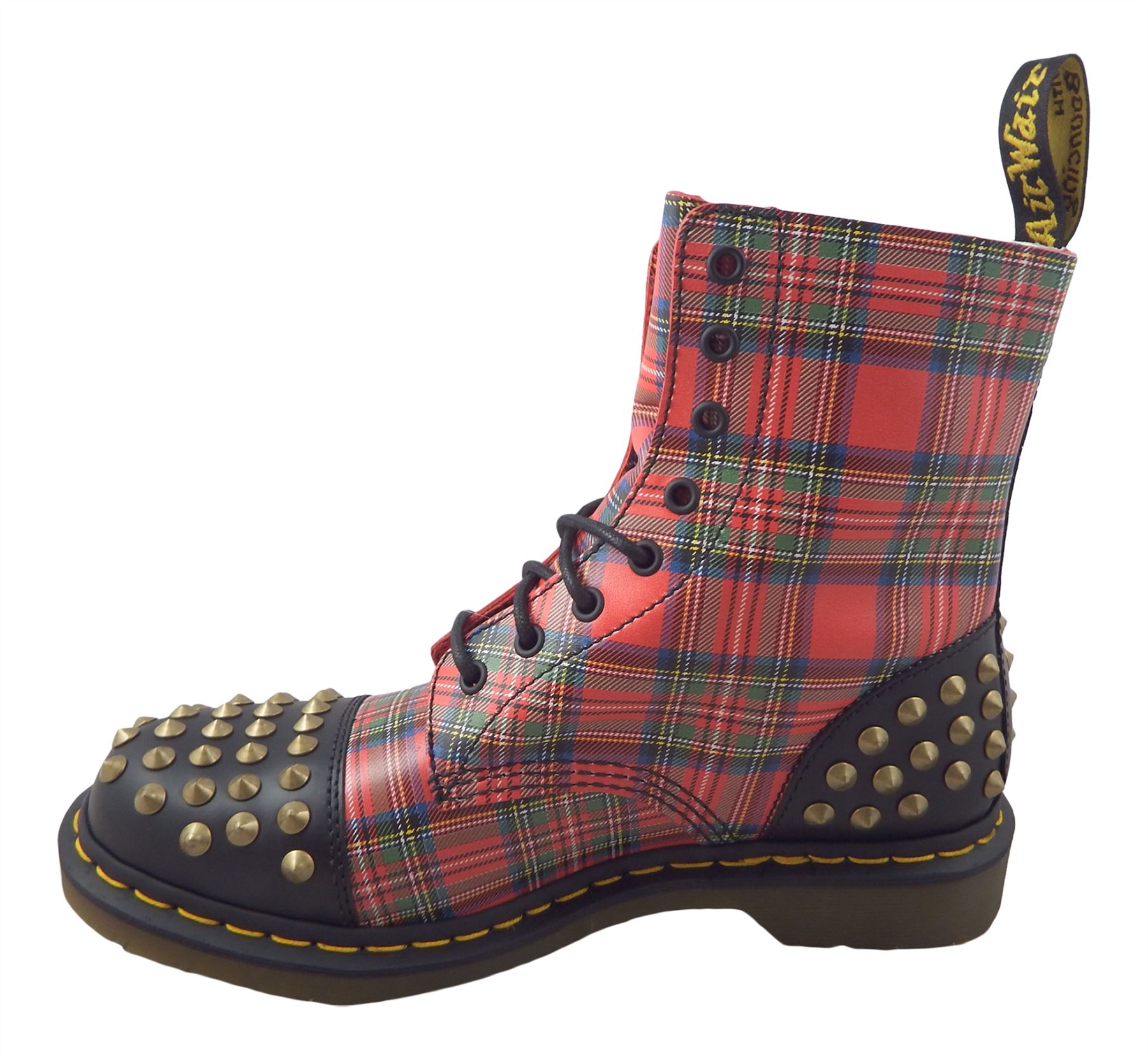 Dr Martens Dai Core Applique Black Red Tartan Studded Leather Boots eBay