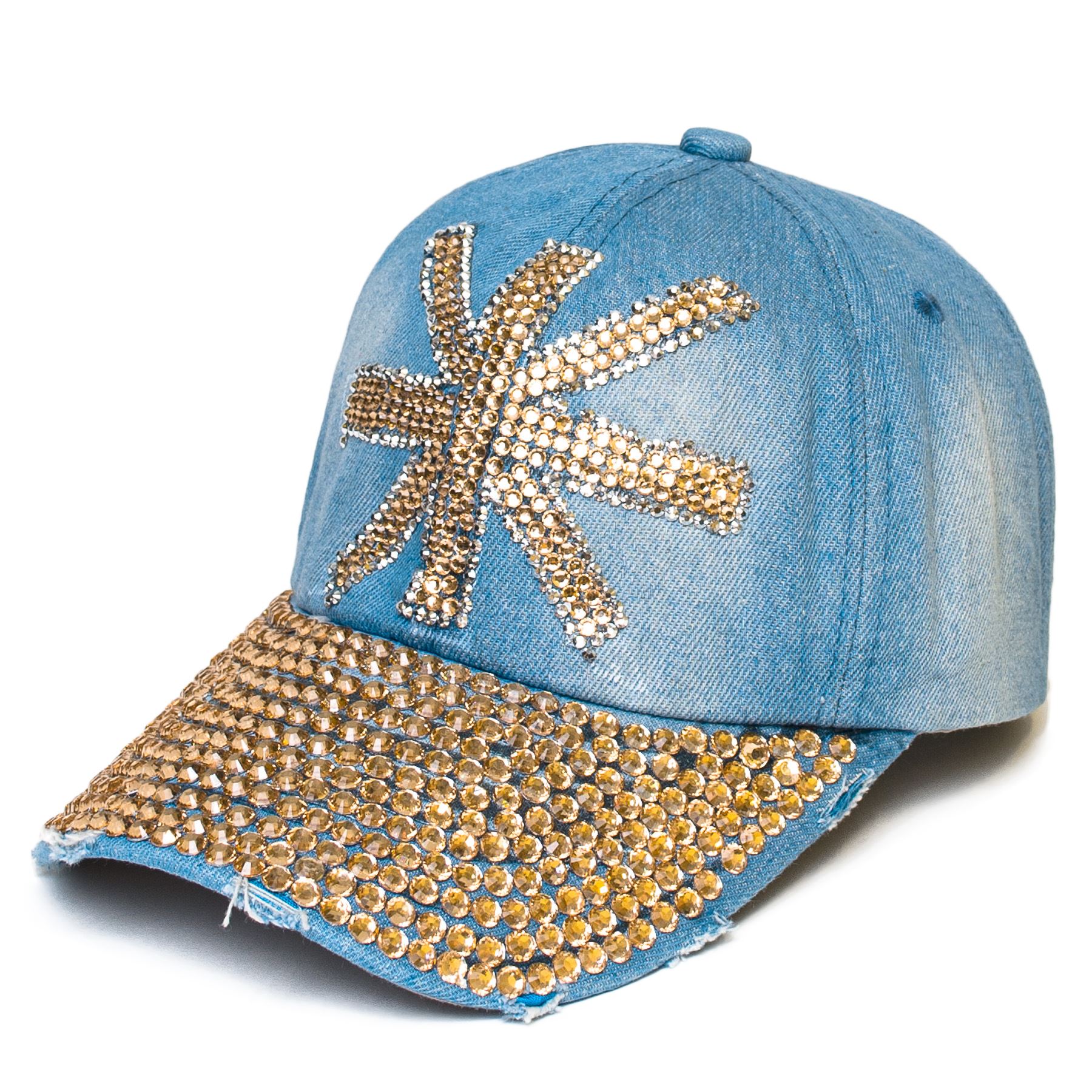 Women Bling Rhinestone Studded Denim Baseball Adjustable Cotton Blue