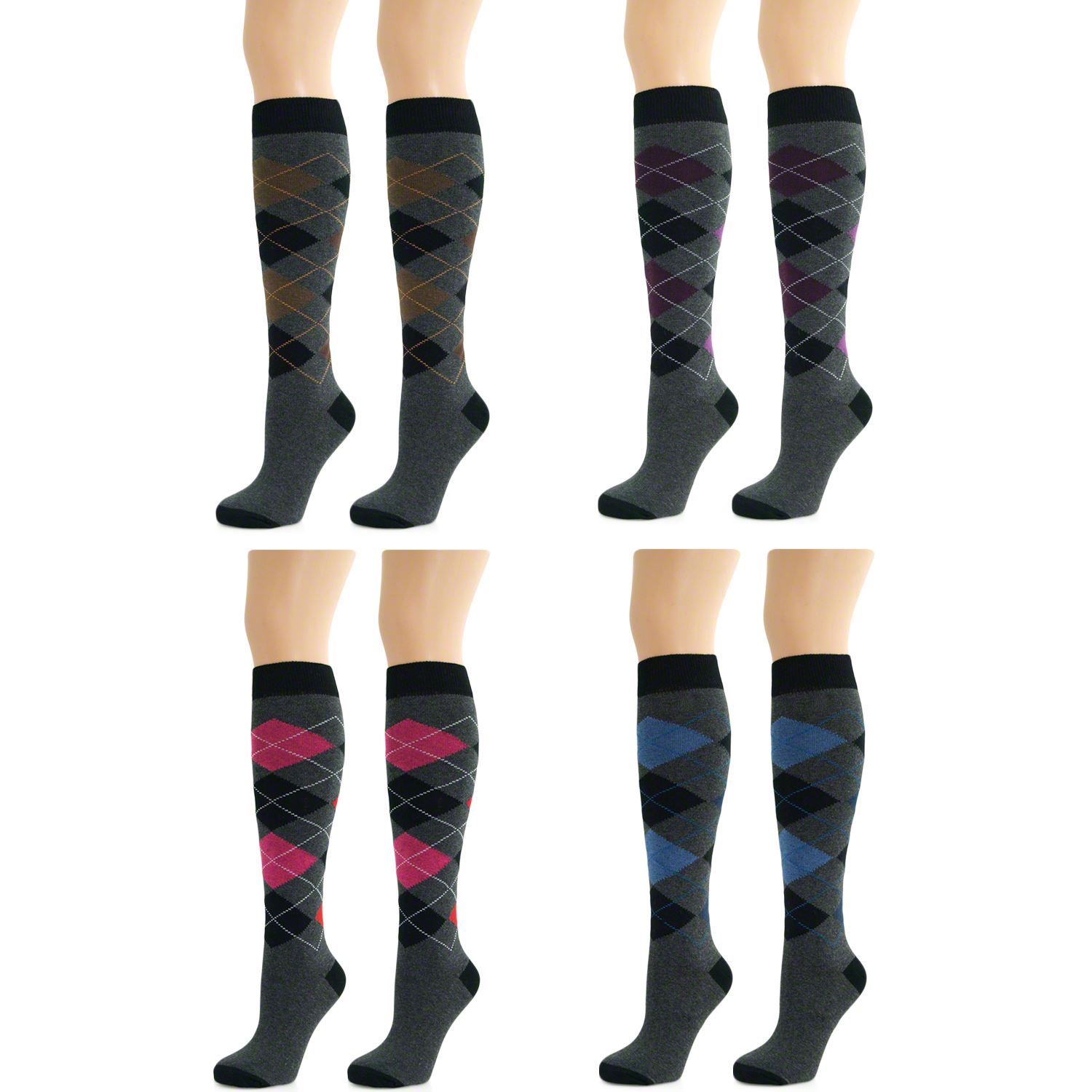 4 Pairs Womens Ladies Girls Knee High Long Argyle Diamond Pattern Socks New