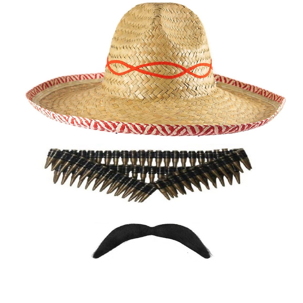 Mexican fancy dress party sombrero straw hat moustache  bullet belt Mexican fancy dress party sombrero straw hat moustache  bullet belt