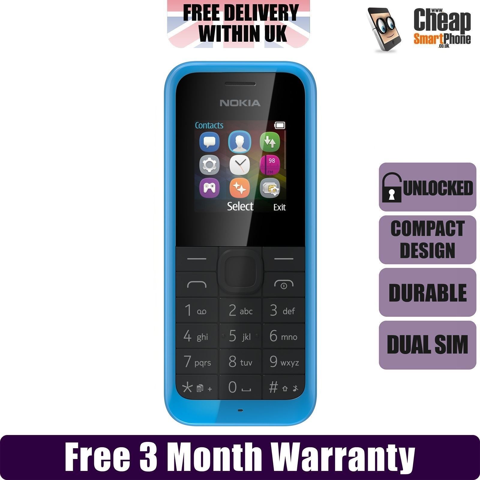 Nokia 105 Dual Sim Blue Unlocked SimFree Durable Cheap Basic Mobile