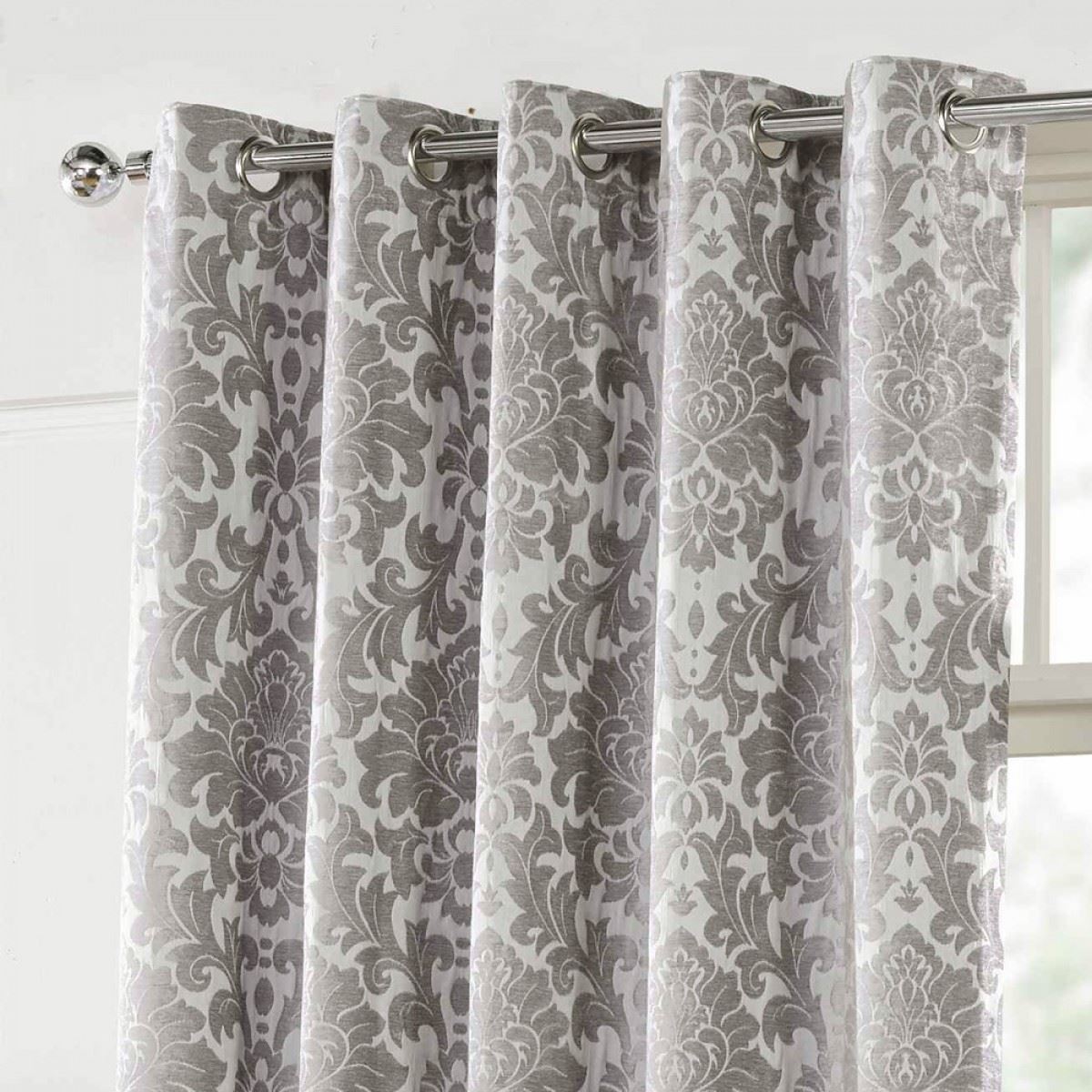 Camden Silver Jacquard Damask 90 x 54 (229x137cm) Lined Eyelet Curtains