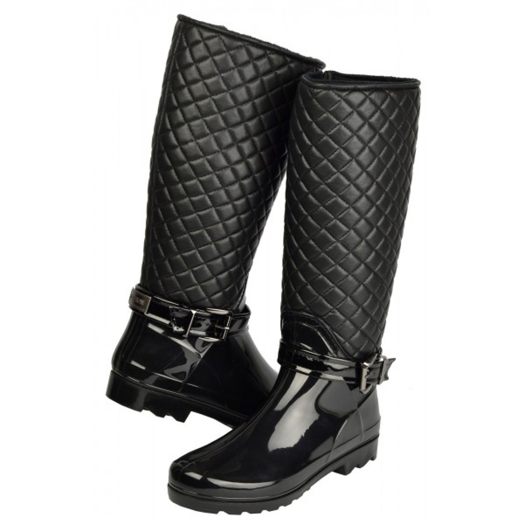 Ladies knee high fur lined quilted zip up strappy boots womens