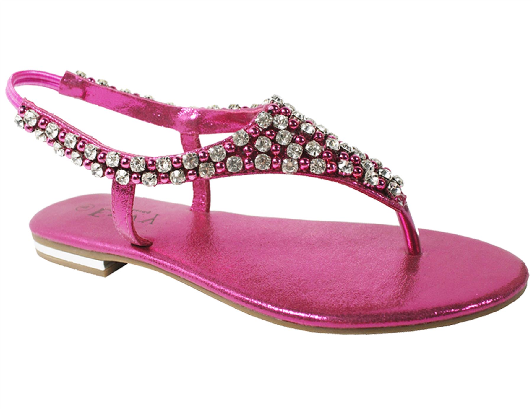 Womens flat sandals diamante pearl ladies sling back holiday casual