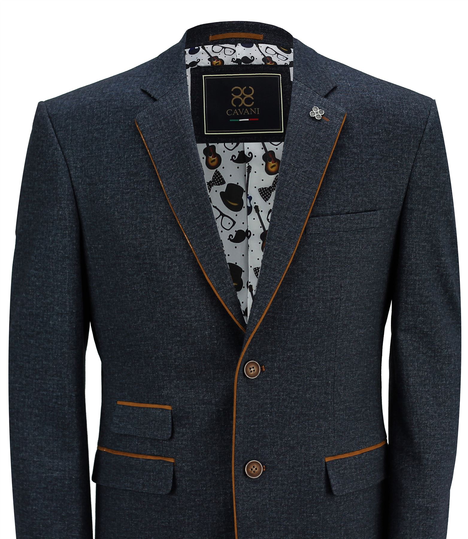 Men’s Fitted Smart Casual Blue Stretch Blazer Jacket Brown Elbow Patch