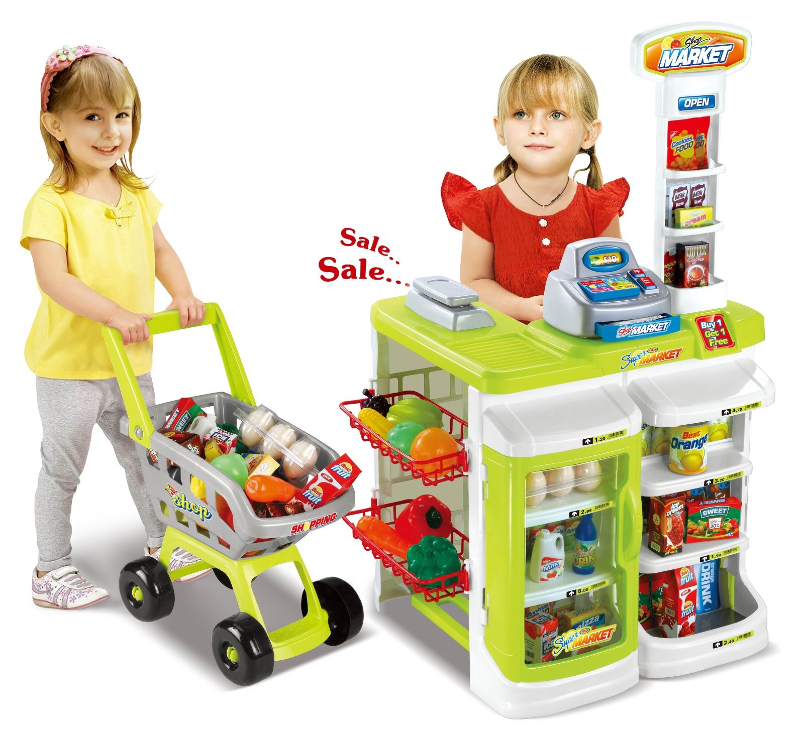 thumbnail image 2 of Shopping Cart For Kids, Toy Shopping Cart With Basket & 24pc Food Set 2 of 13