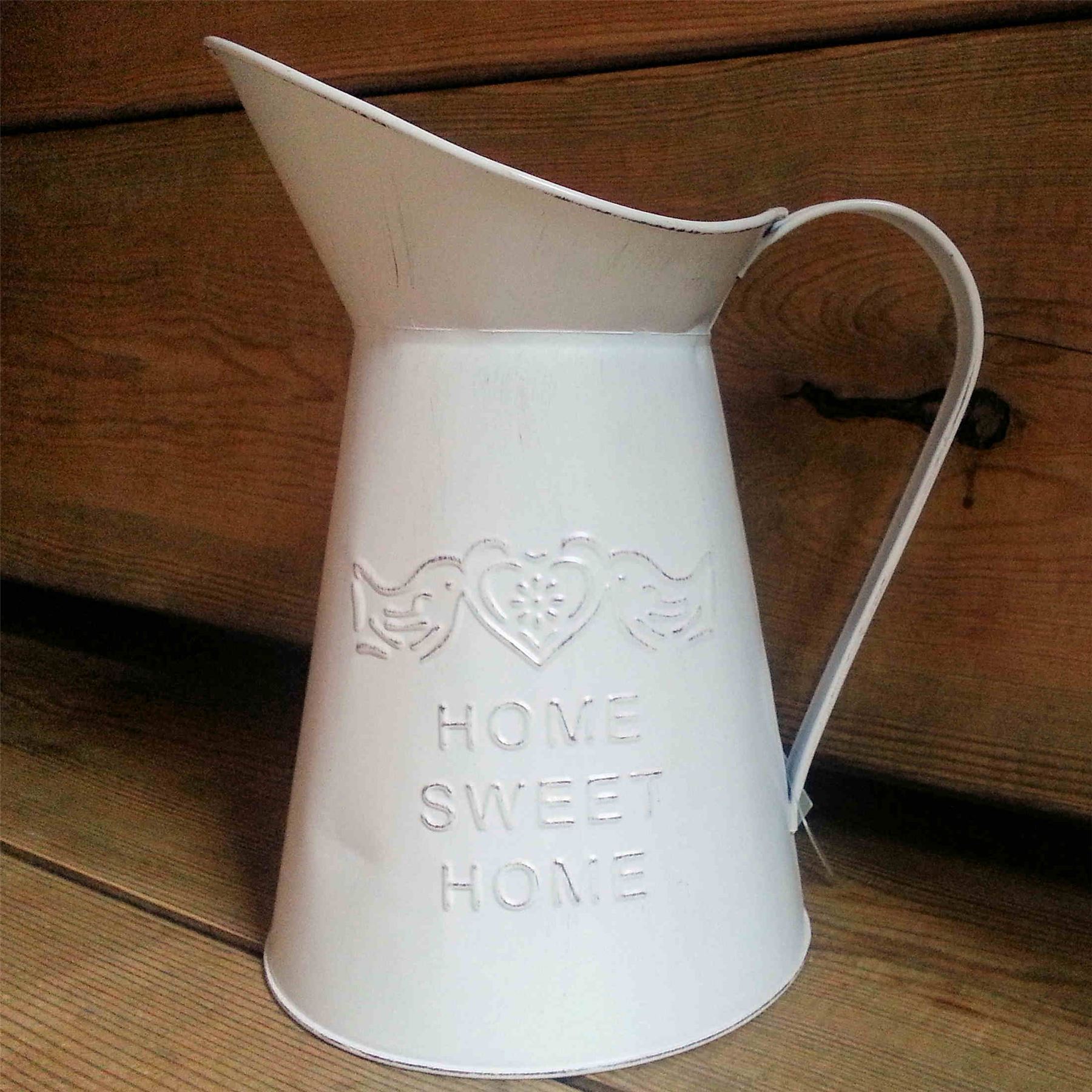 LARGE WHITE RUSTIC METAL JUG VASE 'Home sweet home' SHABBY VTG COUNTRY