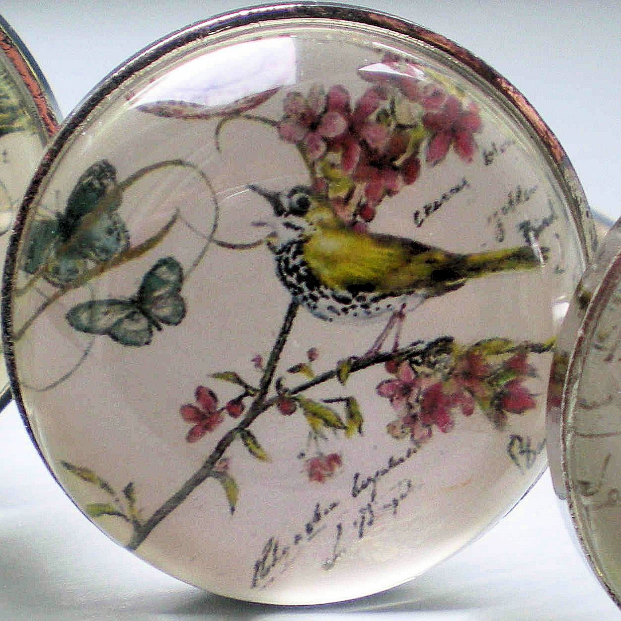 VTG NATURE PAINTED GLASS DOOR KNOBS Furniture Drawer Pulls Handles Bird