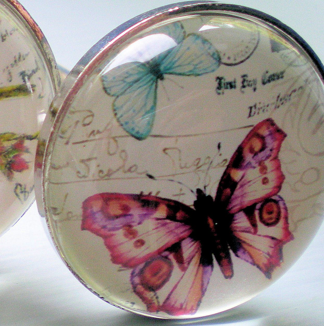 VTG NATURE PAINTED GLASS DOOR KNOBS Furniture Drawer Pulls Handles Bird