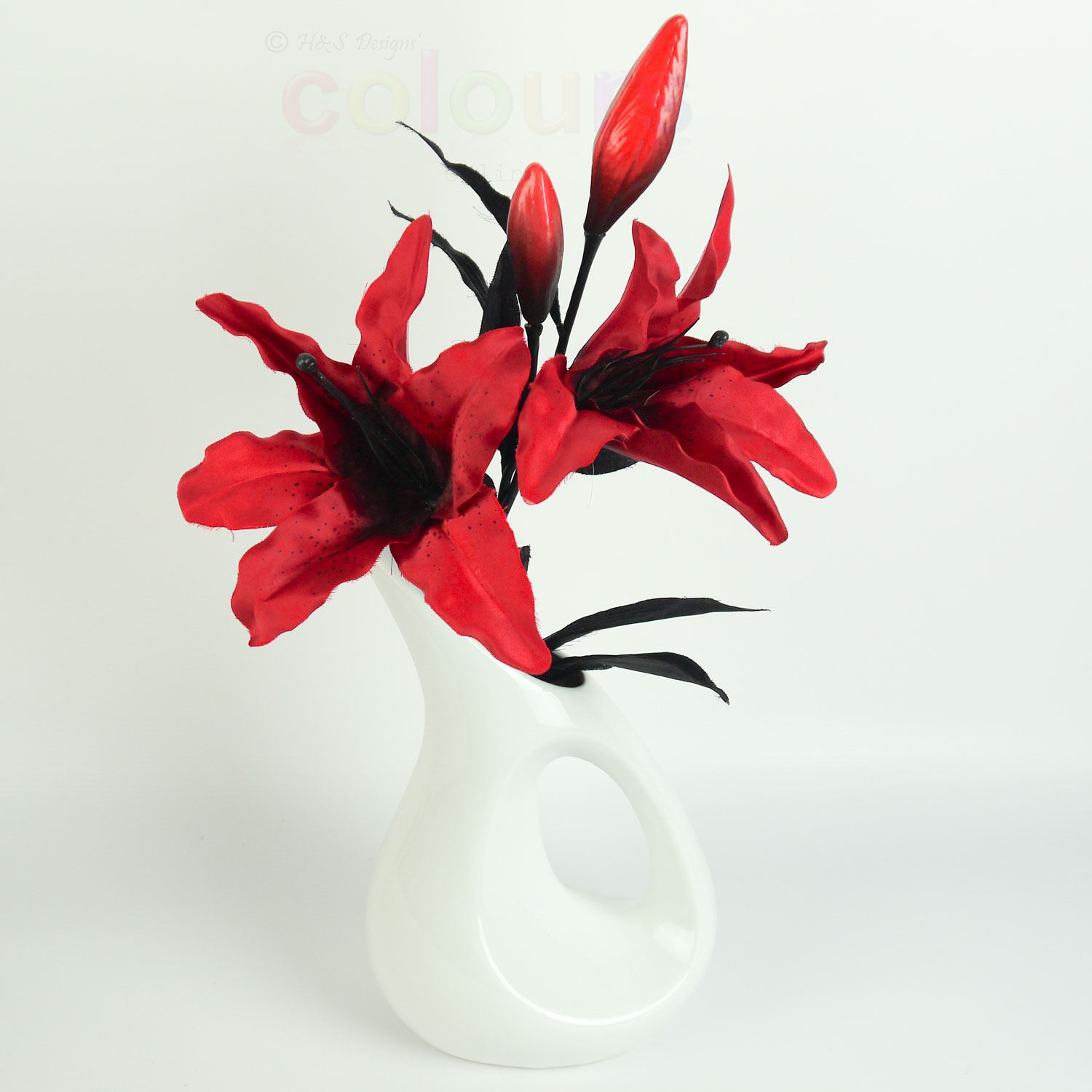 Tiger Lily Red Artificial Flowers in Glazed Ceramic Jug Vase eBay
