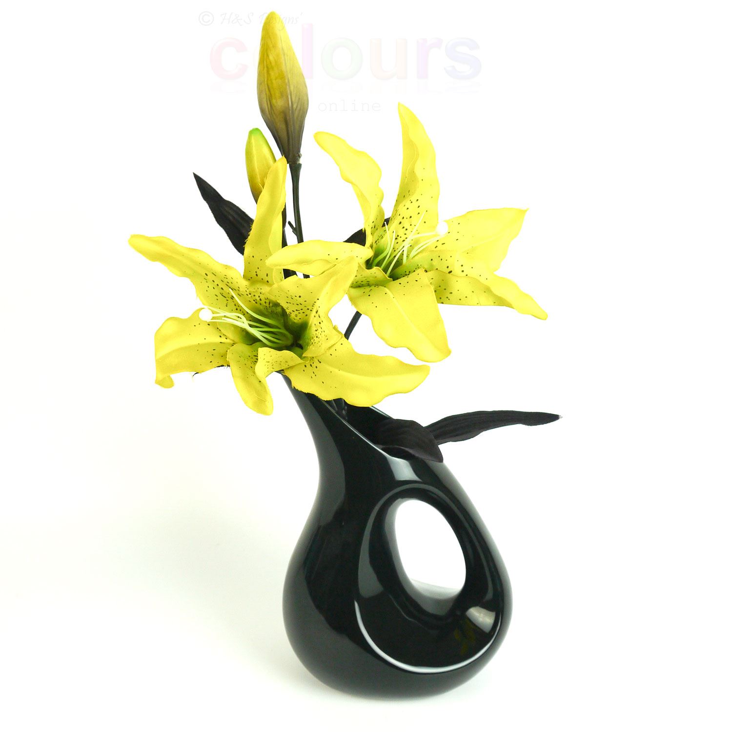 Tiger Lily Lime Green Artificial Flowers in Glazed Ceramic Jug Vase eBay