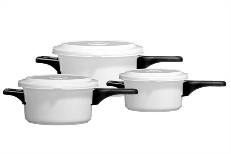 SET OF 3 MICROWAVABLE POTS PAN AND LID WHITE COOKING REMOVABLE HANDLE