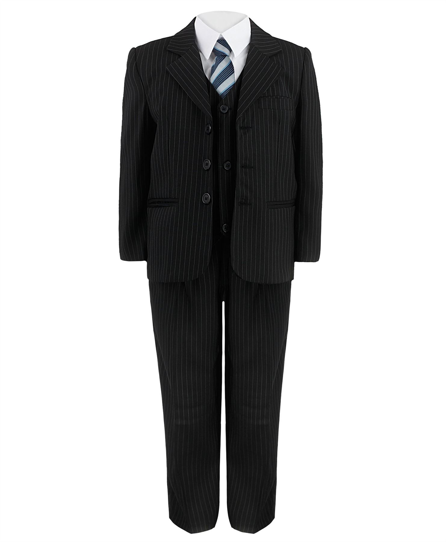 BOYS 6 PIECE SUIT STRIPE FORMAL JACKET TROUSERS SHIRT WAISTCOAT TIE BELT 3 14 Y