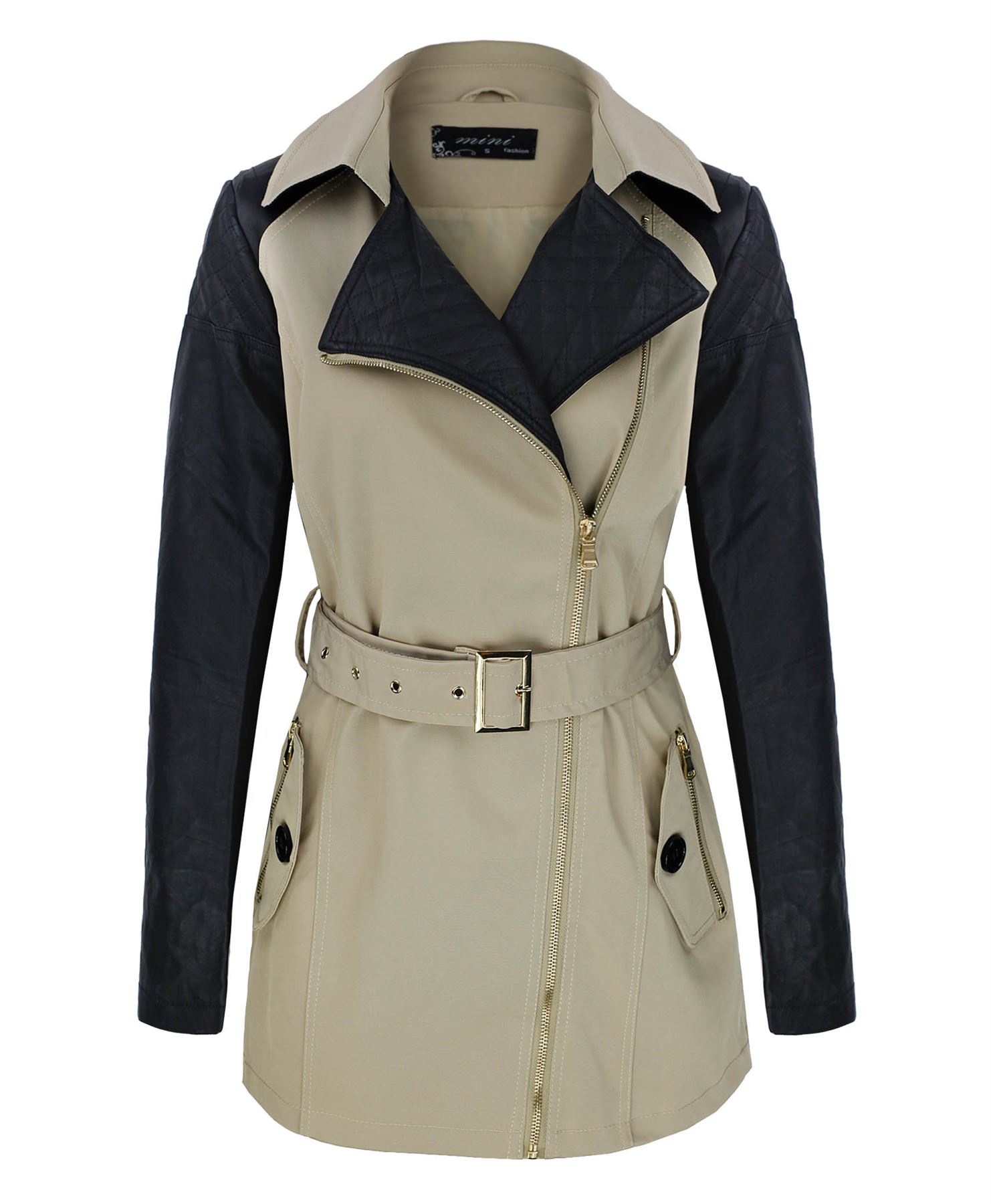 LADIES TRENCH COAT MAC CONTRAST FAUX LEATHER SLEEVE WOMENS LONG JACKET SIZE SXL eBay