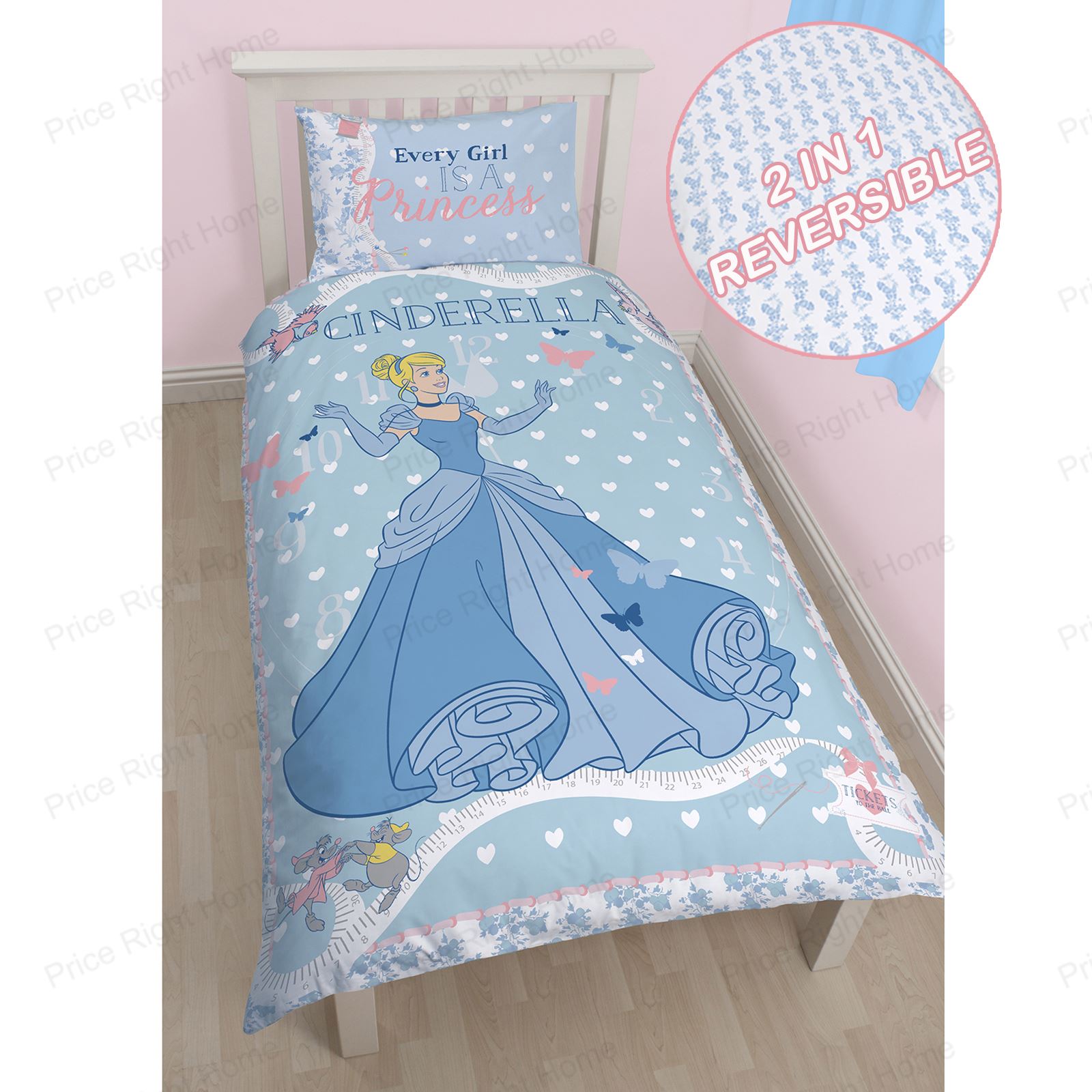 DISNEY PRINCESS 'CINDERELLA' SINGLE DUVET COVER SET NEW