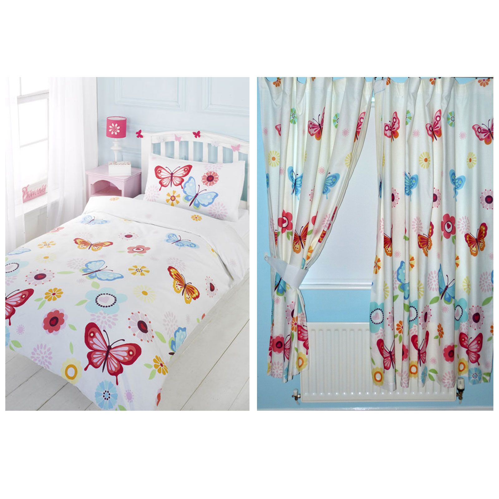 Girls Butterflies Single Duvet Cover 66" X 72" Matching Lined Curtains