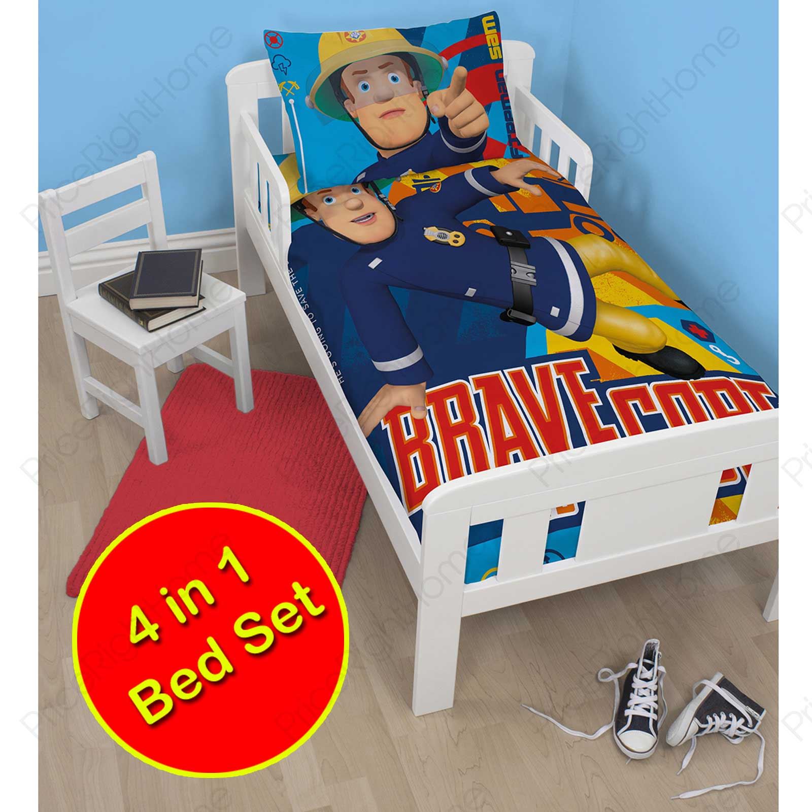 FIREMAN SAM 'BRAVE' 4 in 1 JUNIOR COT BED BEDDING BUNDLE DUVET COVER