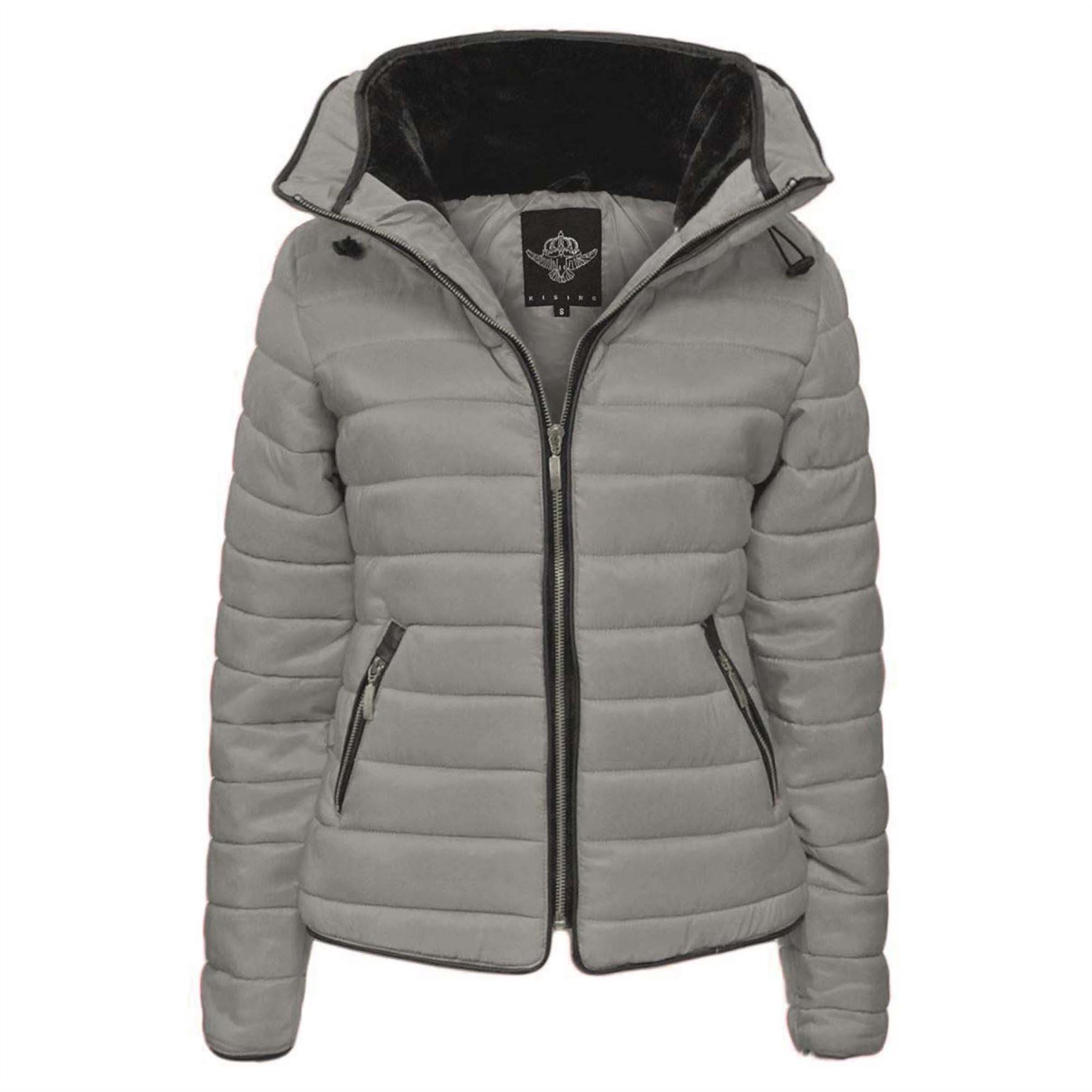 Ladies Quilted Padded Hooded Gold Zip Bubble Fur Collar Warm Thick Jacket Coat