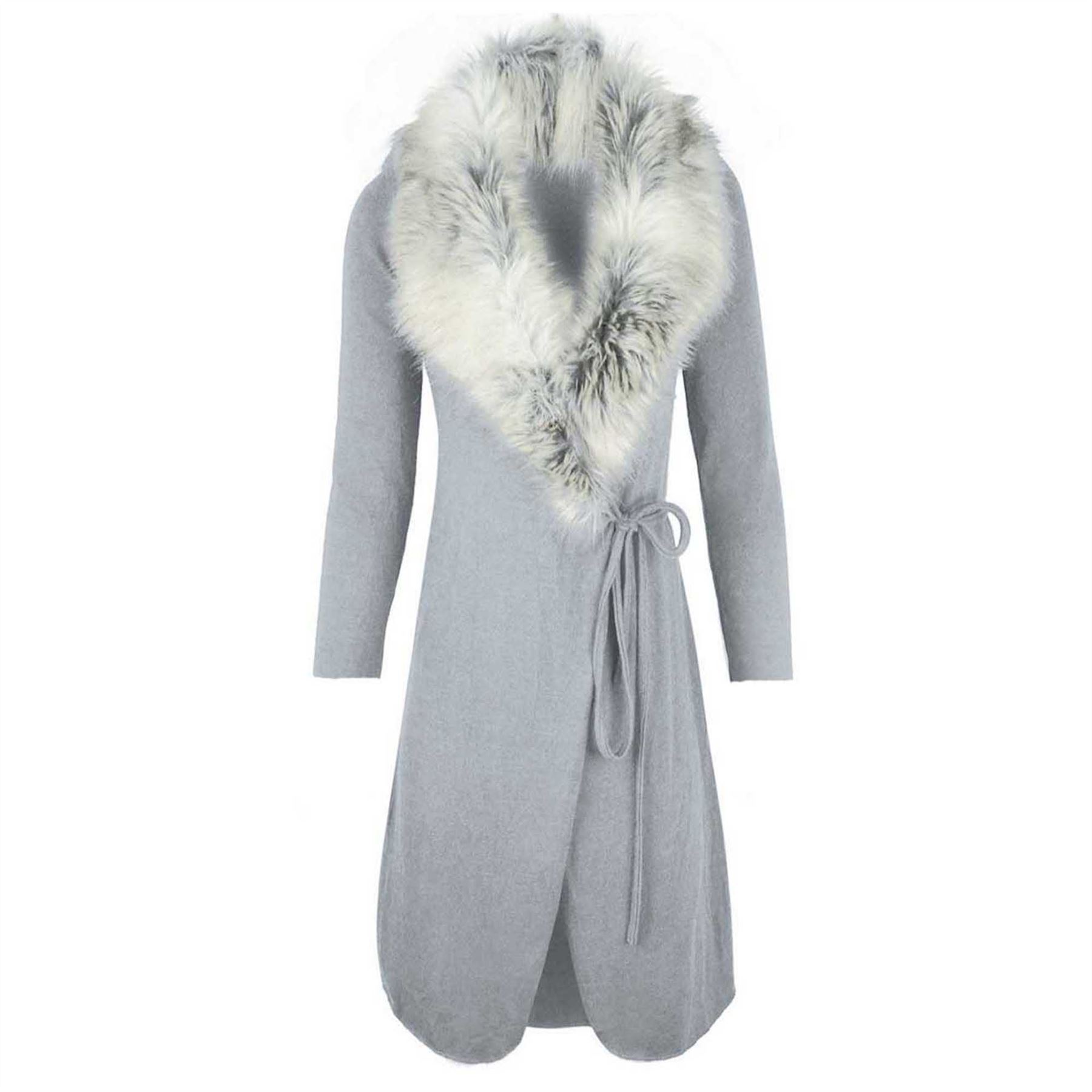 Ladies Womens Knit Long Cardigan Faux Fur Collar Belted Wool Jacket
