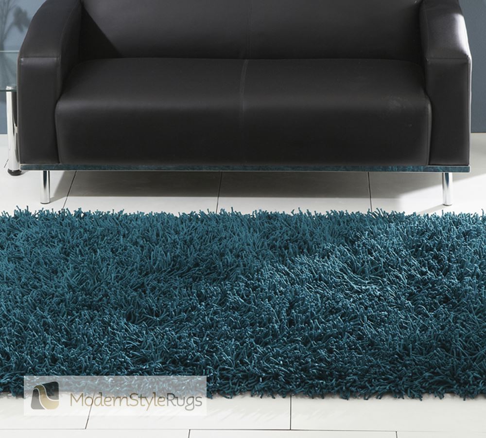 Embassy Plain Teal Rug Very Long Thick Polyester Pile Chunky Texture