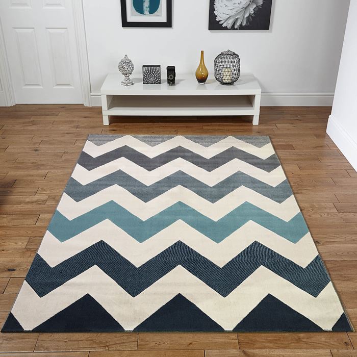 New Venus Zig Zag Cream Duck Egg Blue Grey Extra Large Modern Home Rug