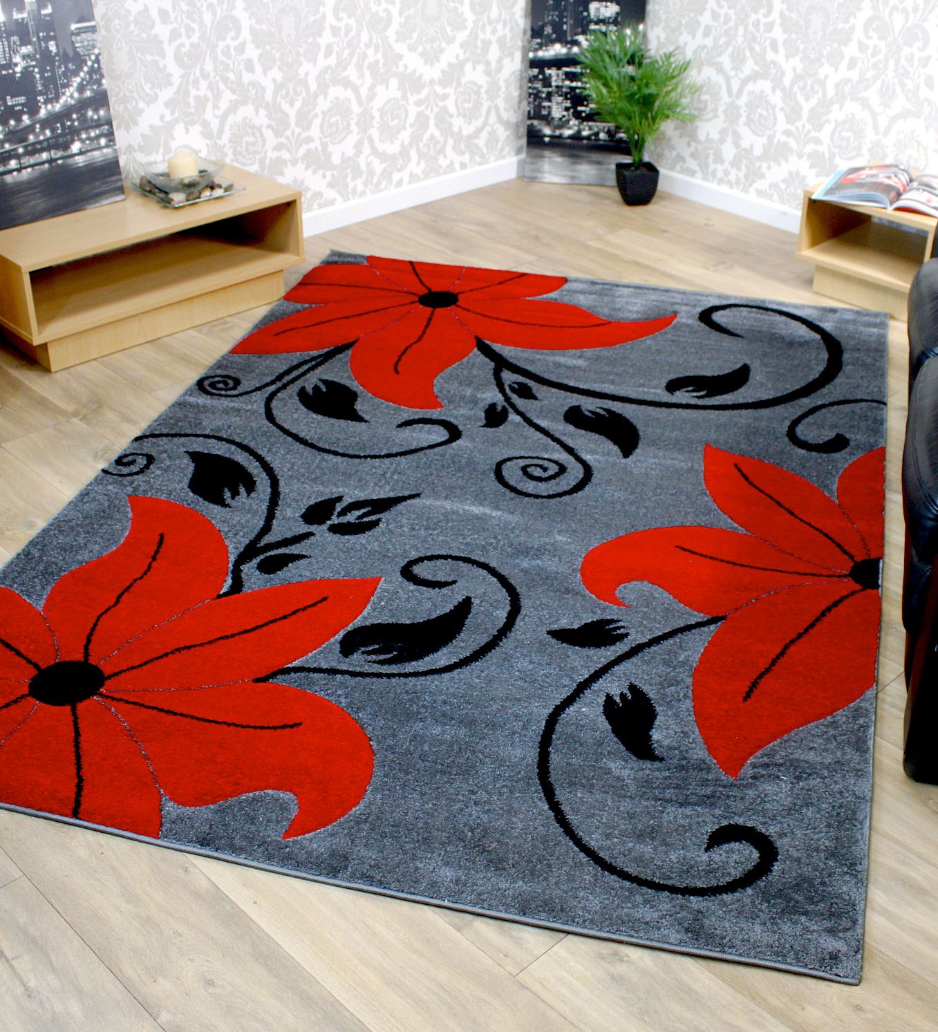 Grey Black and Red Tulip Floral Flower Pattern Rug Choice Of 2 Sizes