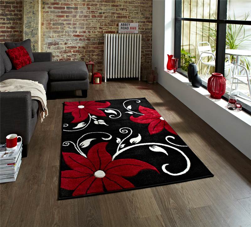 Black and Red Rug Stunning Floral Flower Pattern Large Rug Heavy