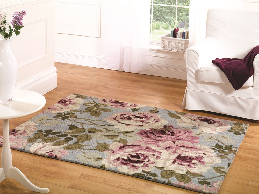 Light Blue Pink and Green Floral Flower Rug 80 Wool 20 Cotton 3 Sizes