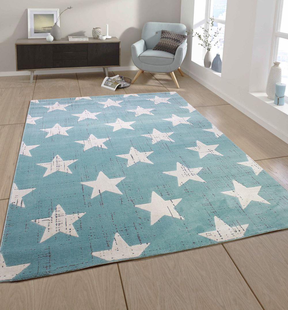 Modern Midnight Duck Egg Blue Grey and Cream Stars Pattern Rug
