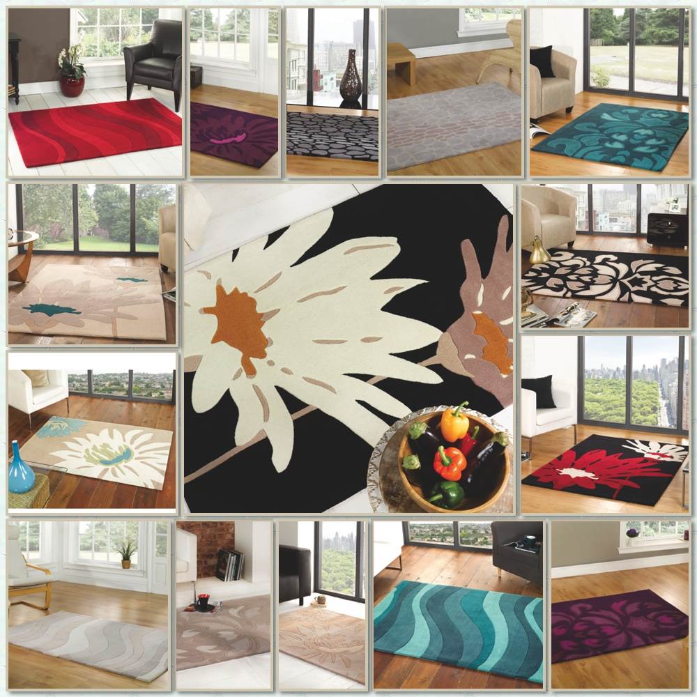 Floral Flower Acrylic Pile Rugs Black Red Cream Teal Blue Beige Grey