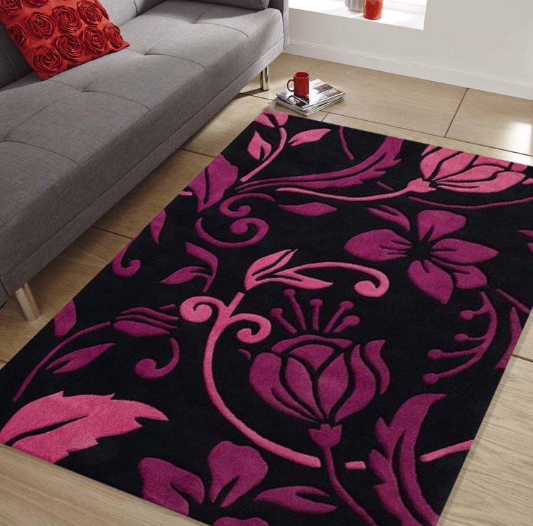 Damask Black Purple Pink Quality Modern Contemporary Floral Flower Rug