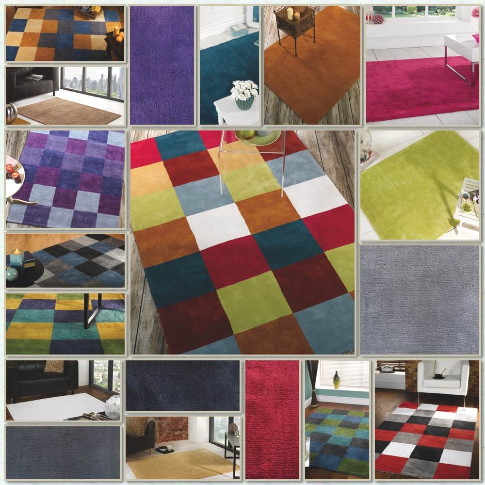 Check Pattern and Plain 100% Cotton Rugs Green Blue Pink Yellow Black White Grey