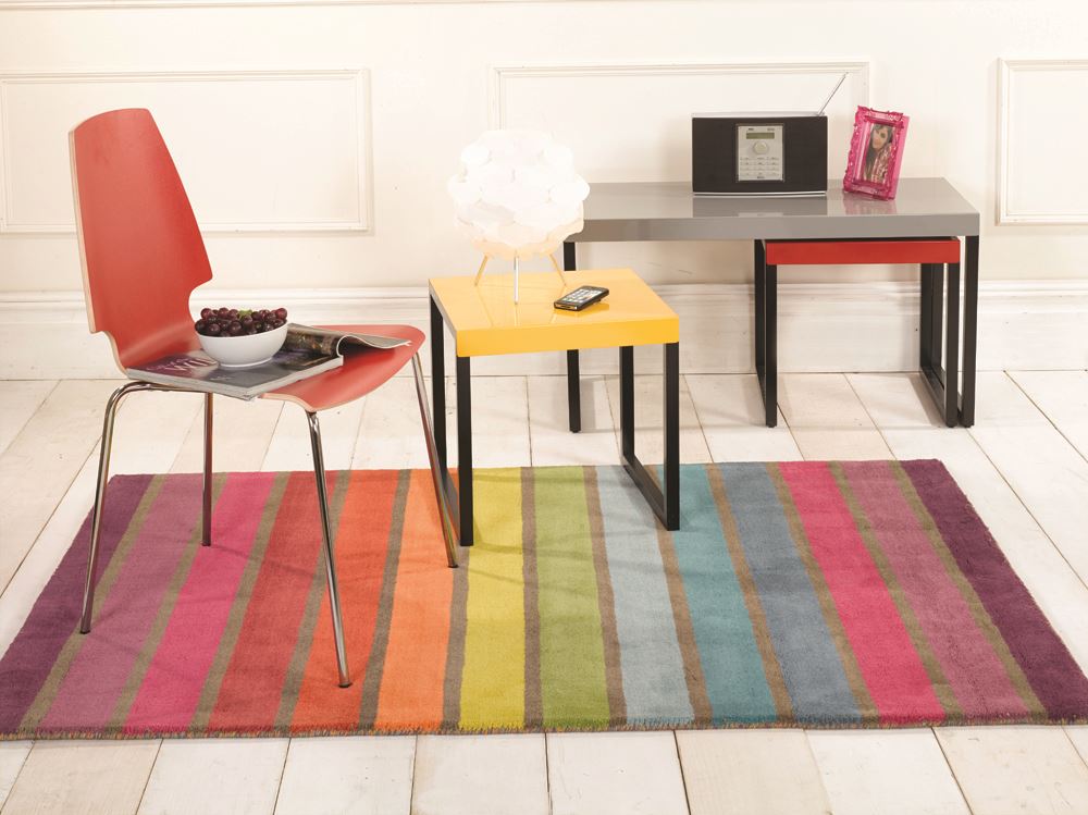 Multi Colour Pin Stripe Wool Rug Purple Pink Orange Yellow Blue Green