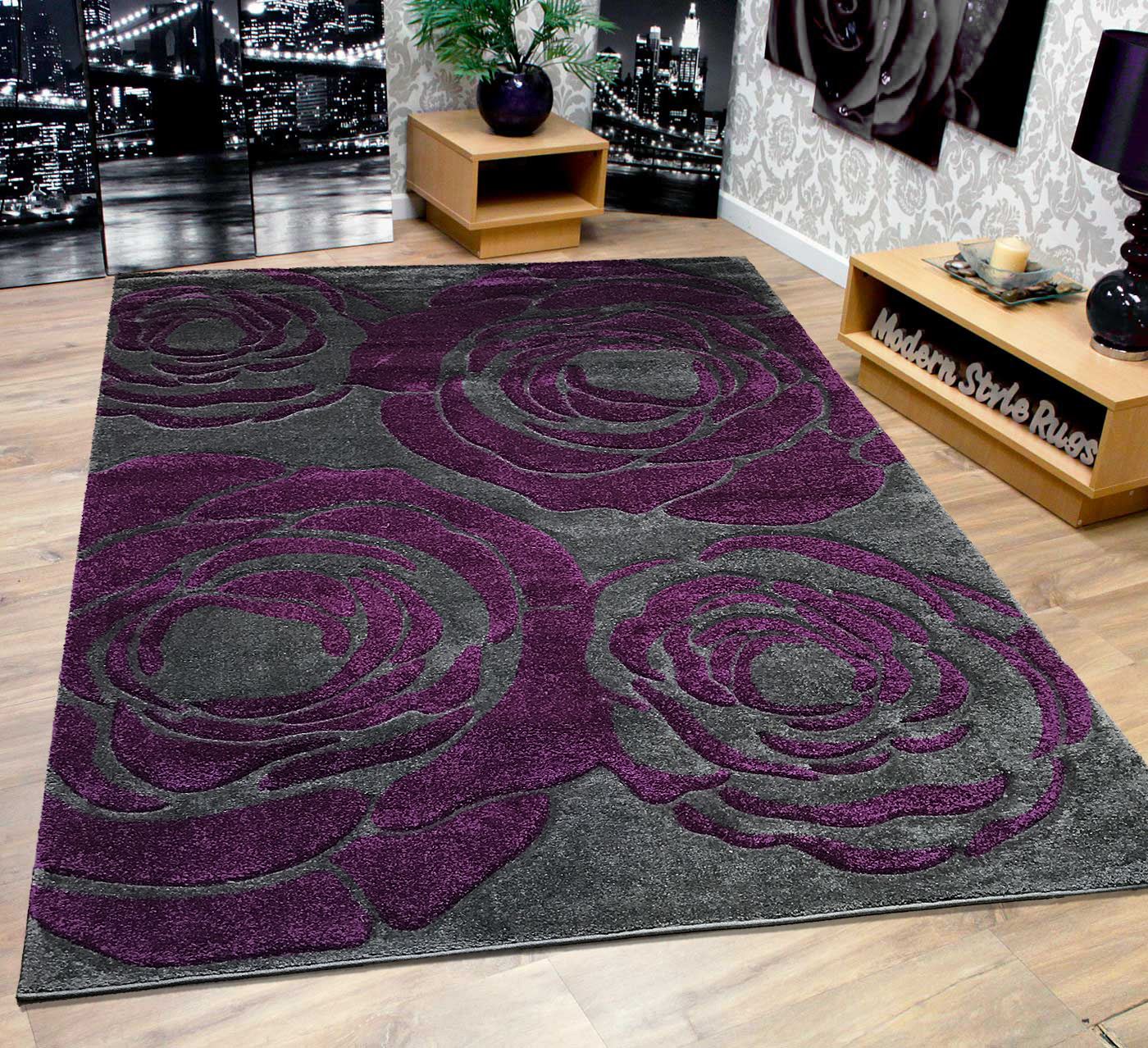 Grey & Purple Extra Large Roses Modern Designer Home Floor Area Rug