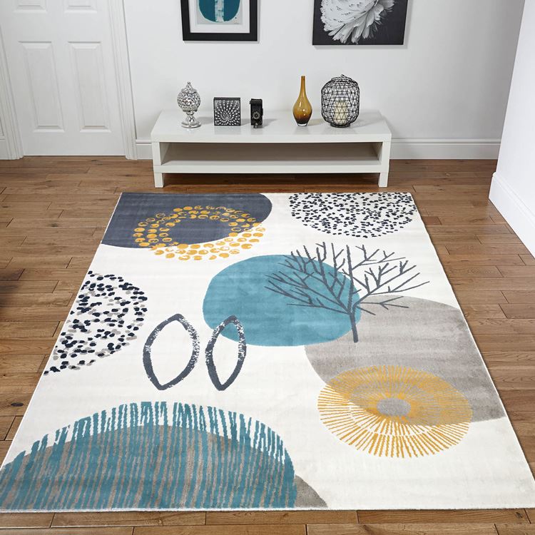 Modern Contemporary Next Colours Floral Grey Blue Cream Gold Teal Rug