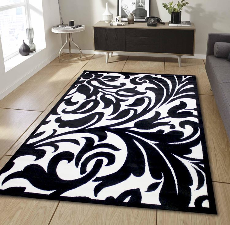 Contemporary Stylish Black/Ivory Damask Design Modern Extra Large Rug