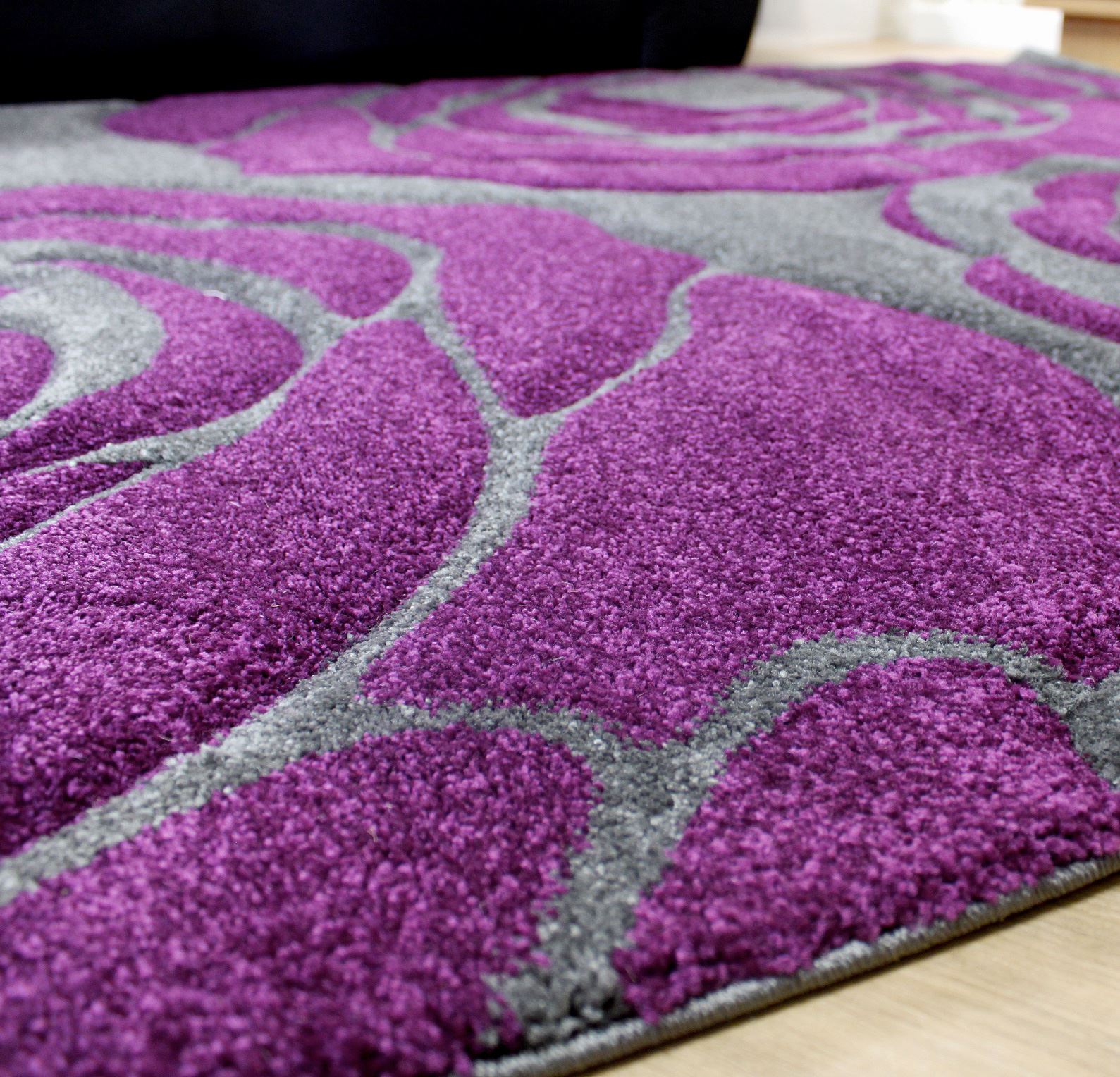 Grey and Purple Rose Flower Pattern Large and XL Sizes Home Floor Rug